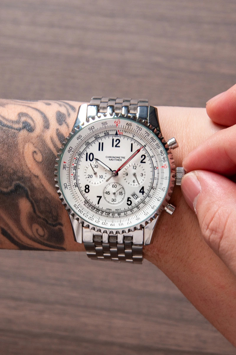 Mod Navitimer Silver Watch