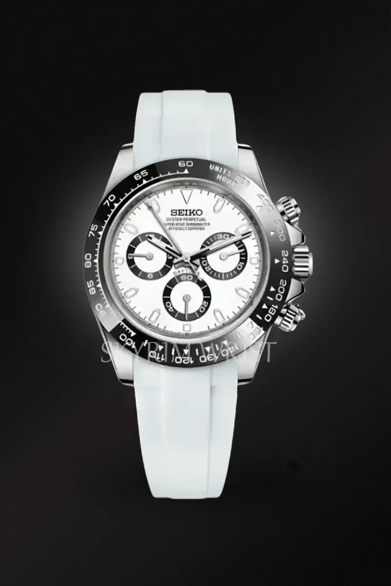 SEIKO クロノグラフ ホワイトダイヤル Seiko Mod Daytona White – Rubber Strap Chronograph - SKYRIM WRIST