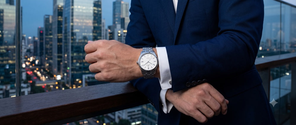 Image of a white dial watch for a navy suit