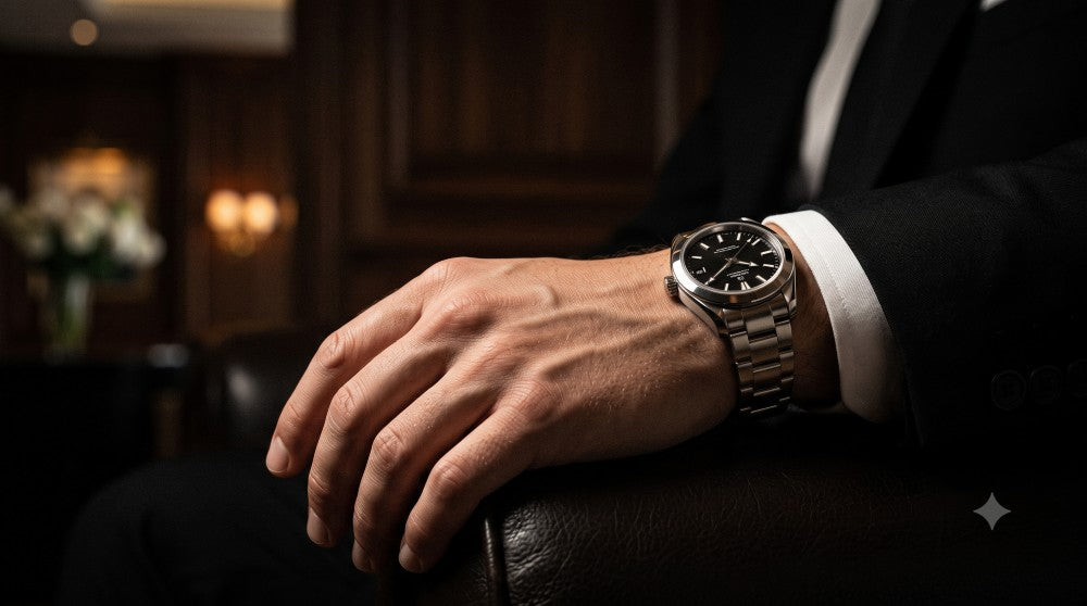 Image of black dial watch with a black suit