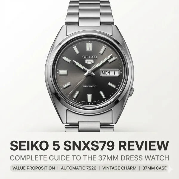 Seiko 5 SNXS79 automatic dress watch with dark rhodium sunburst dial on stainless steel bracelet
