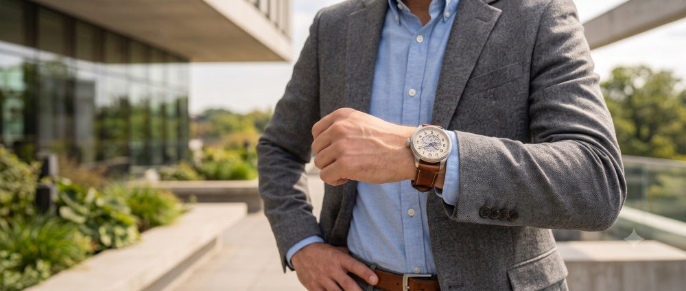 Image of white dial watch with a grey suit