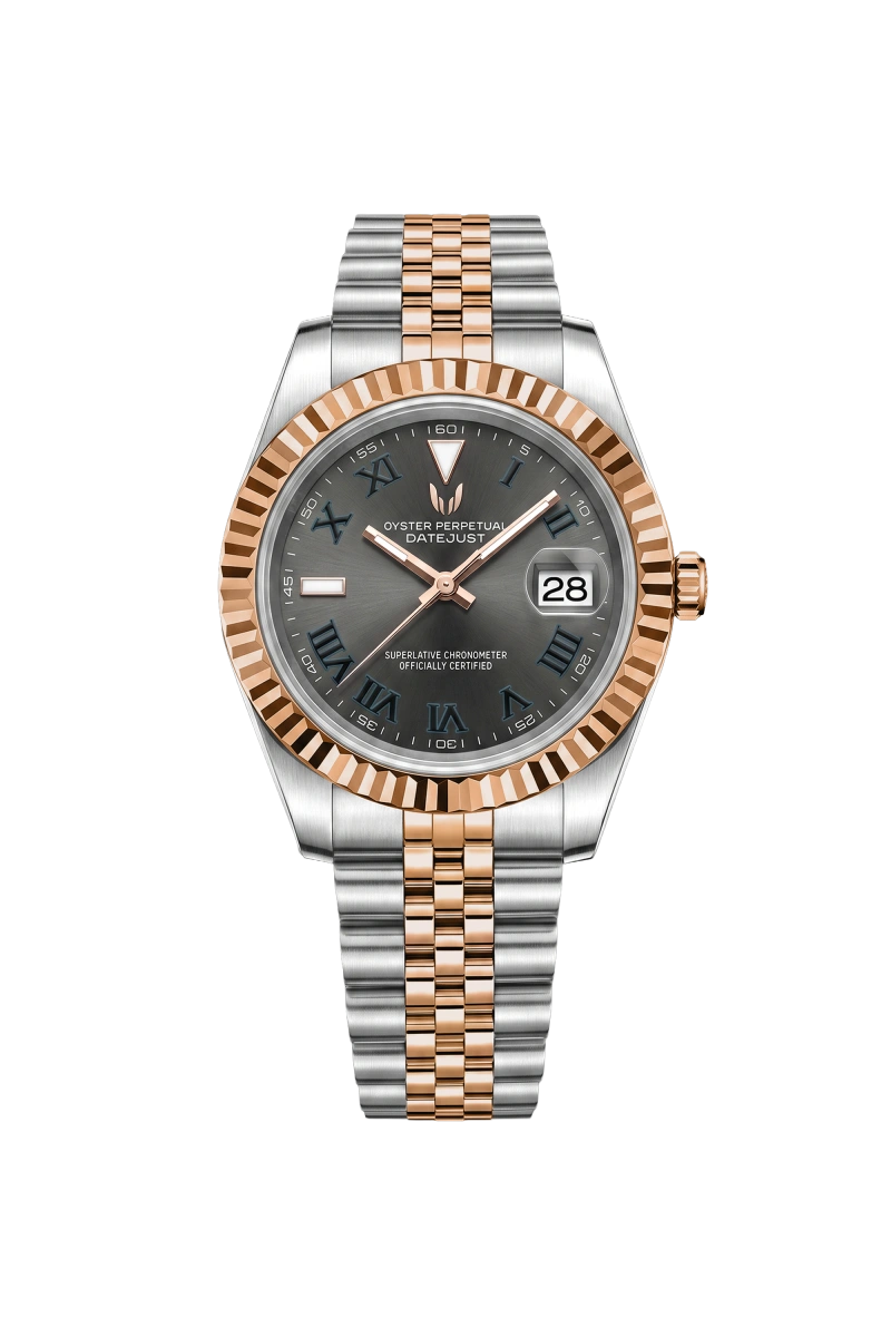 Custom Datejust Wimbledon Two-Tone Rose Gold Gray automatic watch from Skyrim Wrist