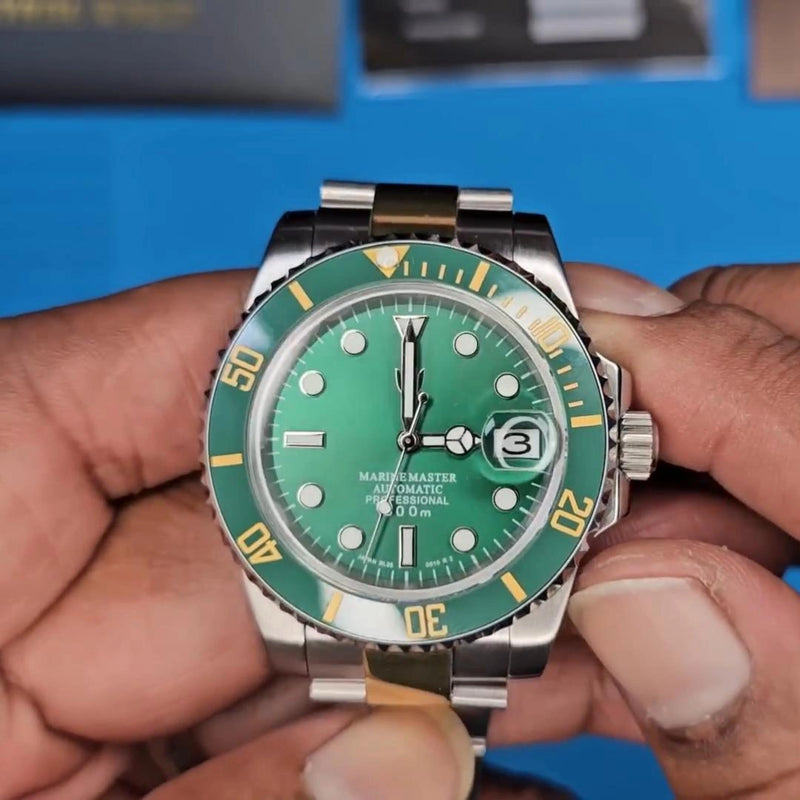 Cover photo of unboxing and review video of custom watch Submariner Two-Tone Gold Green by influencer 
My growing watch collection clean & review