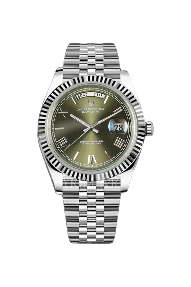 Custom Day Date Silver Green watch