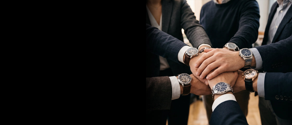 Team members in business attire stacking their hands together, with custom corporate gift watches visible on their wrists.